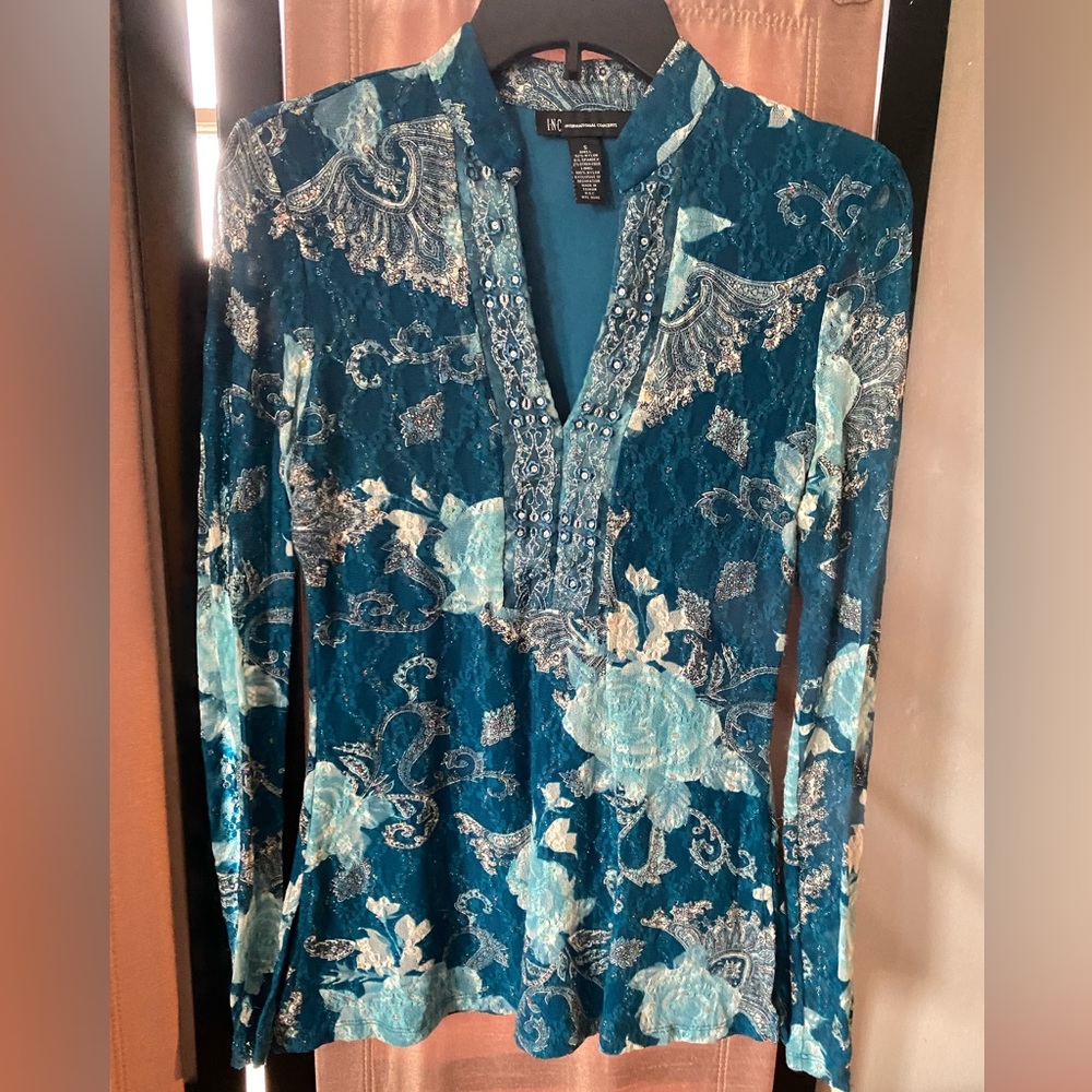 INC Blue Beaded Blouse
